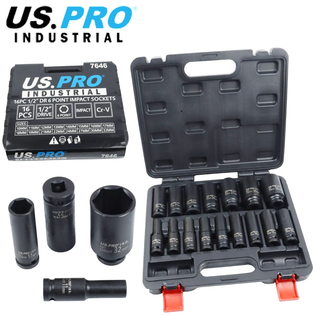 US PRO INDUSTRIAL 16pc 1/2 Dr 6-Point Deep Impact Socket Set European Style 10-32mm