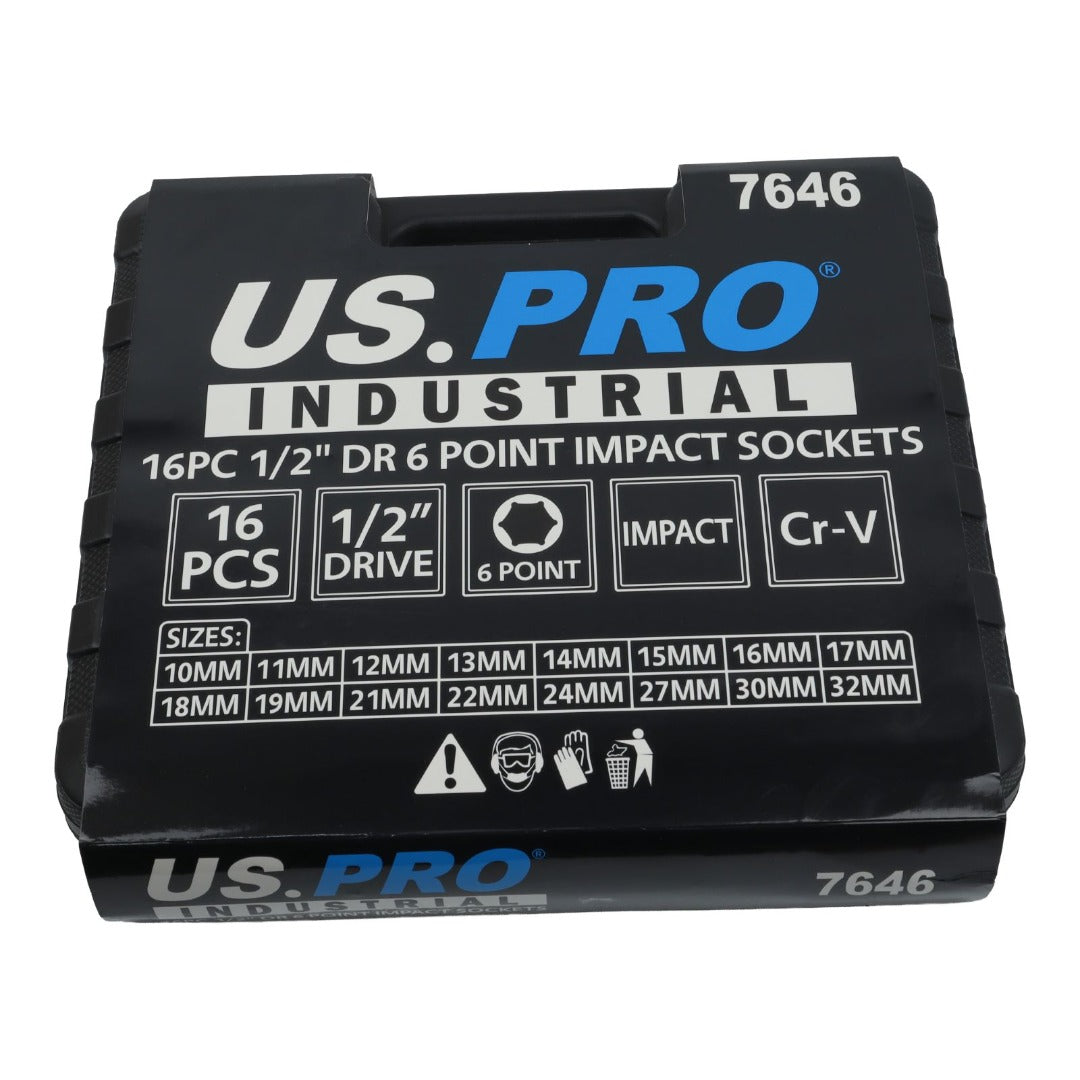 US PRO INDUSTRIAL 16pc 1/2 Dr 6-Point Deep Impact Socket Set European Style 10-32mm