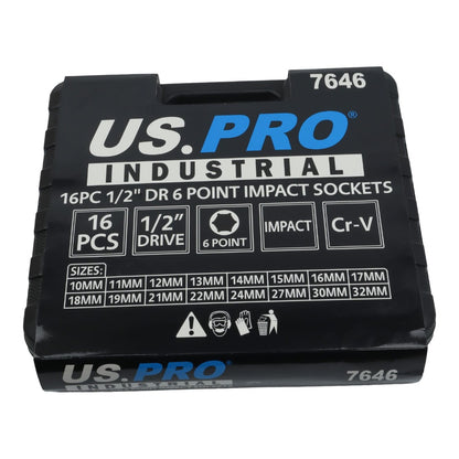 US PRO INDUSTRIAL 16pc 1/2 Dr 6-Point Deep Impact Socket Set European Style 10-32mm