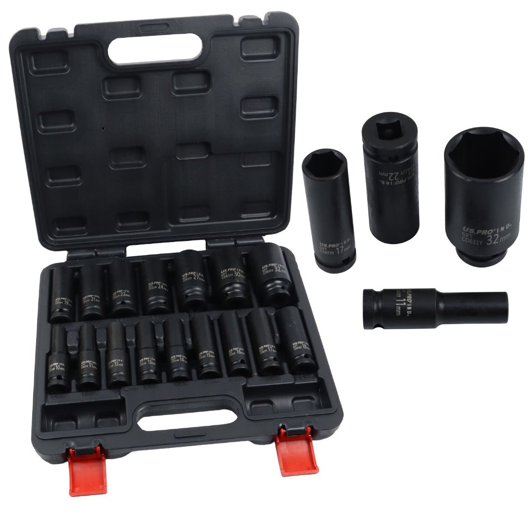 US PRO INDUSTRIAL 16pc 1/2 Dr 6-Point Deep Impact Socket Set European Style 10-32mm