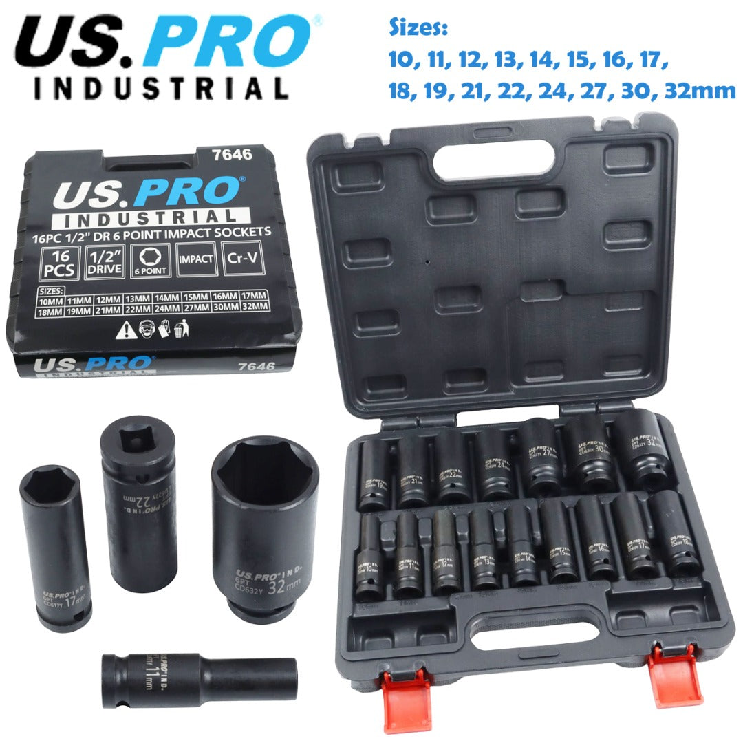US PRO INDUSTRIAL 16pc 1/2 Dr 6-Point Deep Impact Socket Set European Style 10-32mm