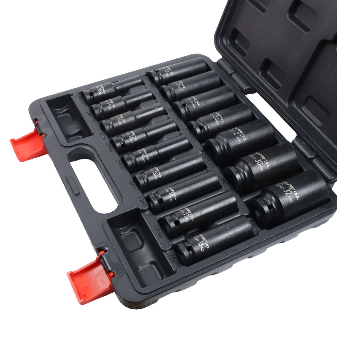 US PRO INDUSTRIAL 16pc 1/2 Dr 6-Point Deep Impact Socket Set European Style 10-32mm