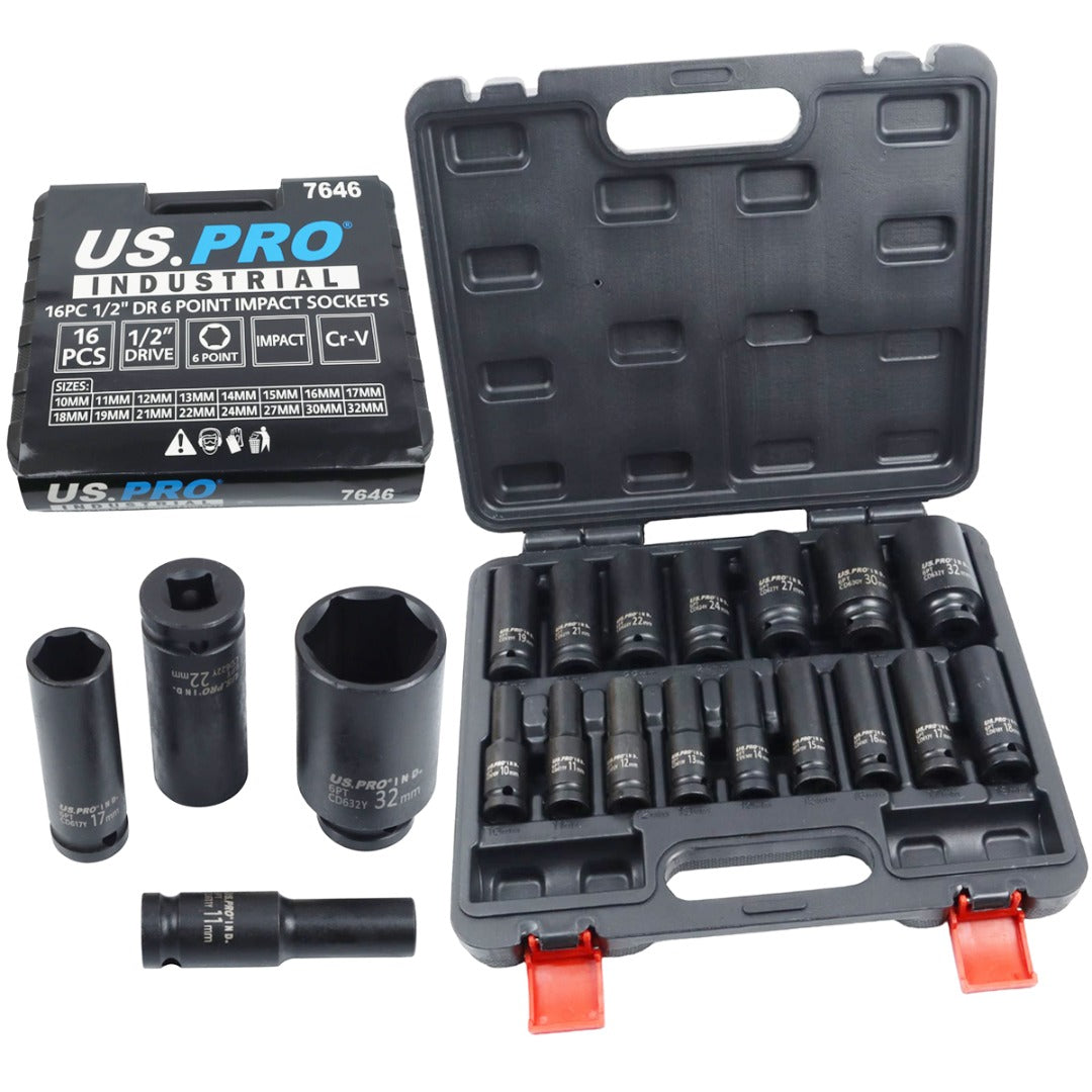 US PRO INDUSTRIAL 16pc 1/2 Dr 6-Point Deep Impact Socket Set European Style 10-32mm