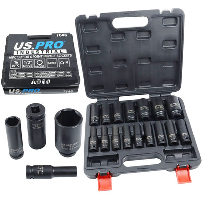US PRO INDUSTRIAL 16pc 1/2 Dr 6-Point Deep Impact Socket Set European Style 10-32mm