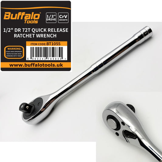 Buffalo Tools 1/2'' Drive Quick Release Ratchet Reversible Straight 72t Socket Wrench