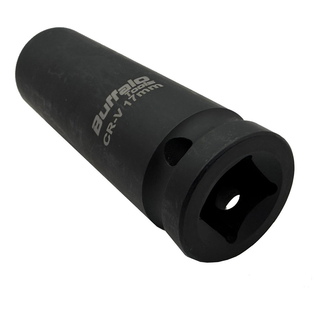 Buffalo Tools 17mm Deep Impact Socket 1/2 Drive Heavy Duty High Torque Chrome Vanadium Steel Drive 6 point Long Wrench