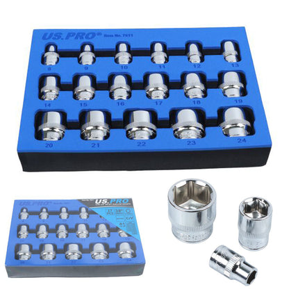 US Pro 17pc 3/8 Shallow Socket Set Metric 8 to 24mm 6 Point Sockets eva tray