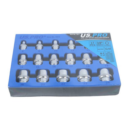US Pro 17pc 3/8 Shallow Socket Set Metric 8 to 24mm 6 Point Sockets eva tray