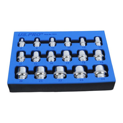US Pro 17pc 3/8 Shallow Socket Set Metric 8 to 24mm 6 Point Sockets eva tray