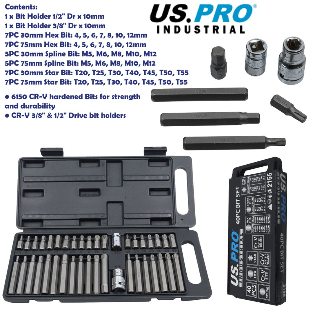 US PRO INDUSTRIAL 40pc Hex Torx Spline Star Socket Bit Set 3/8'' & 1/2'' Drive Bit Holder