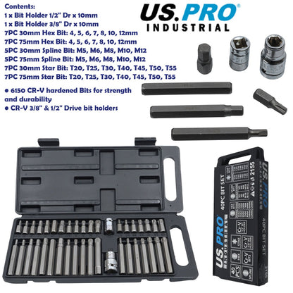 US PRO INDUSTRIAL 40pc Hex Torx Spline Star Socket Bit Set 3/8'' & 1/2'' Drive Bit Holder