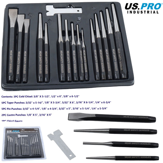 US PRO Industrial 16pc Punch and Chisel Set with Tray, Taper, Cold, Centre, Gauge