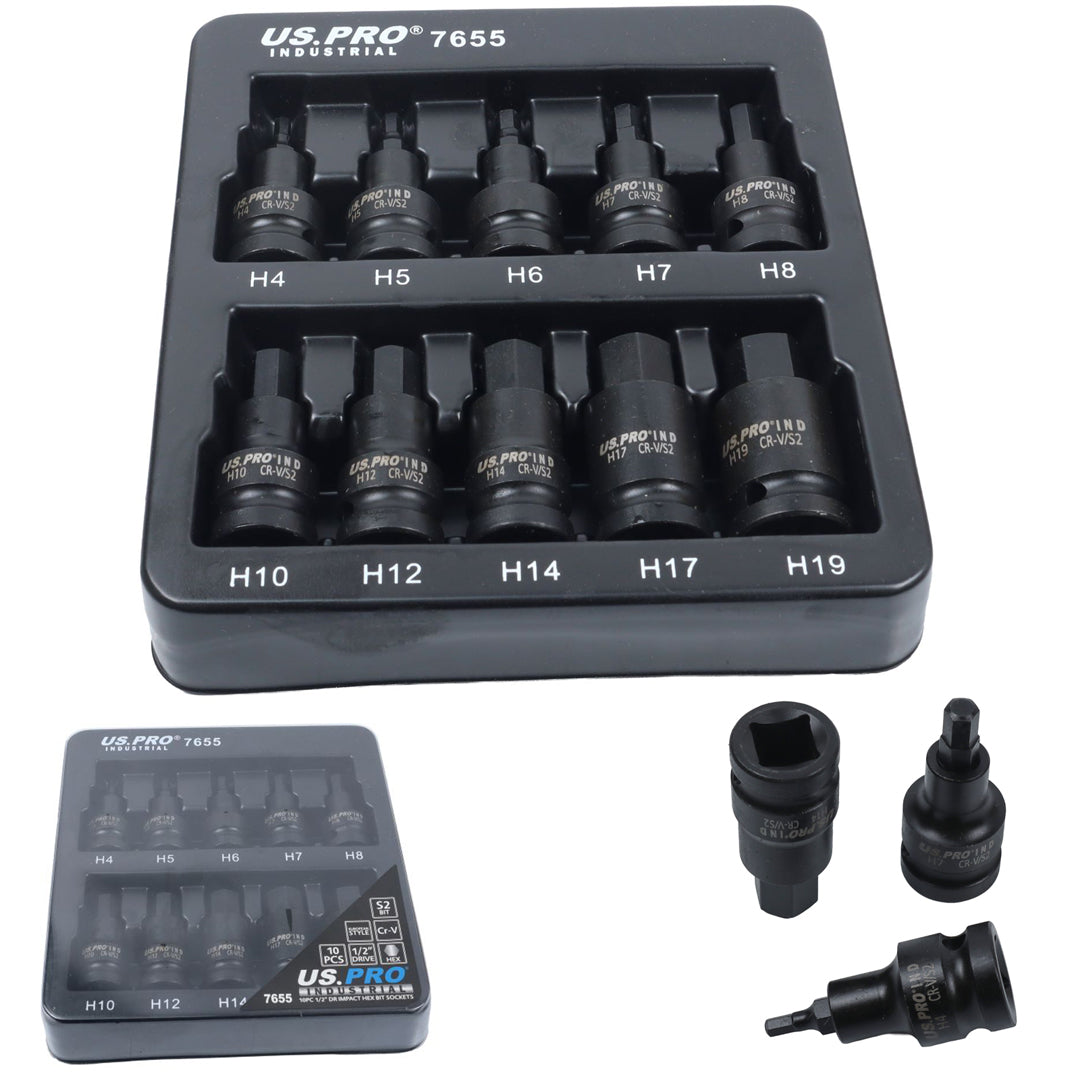 US Pro Industrial 10pc Impact Hex Bit Socket Set 1/2'' Drive 4mm to 19mm