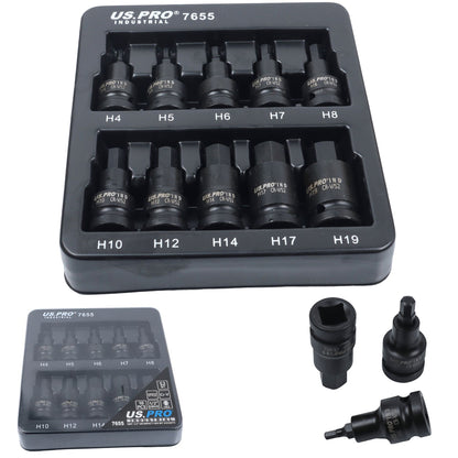 US Pro Industrial 10pc Impact Hex Bit Socket Set 1/2'' Drive 4mm to 19mm