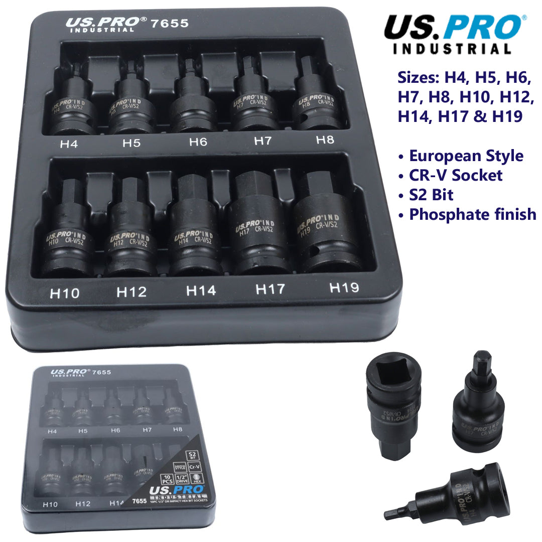 US Pro Industrial 10pc Impact Hex Bit Socket Set 1/2'' Drive 4mm to 19mm