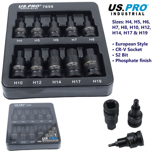 US Pro Industrial 10pc Impact Hex Bit Socket Set 1/2'' Drive 4mm to 19mm