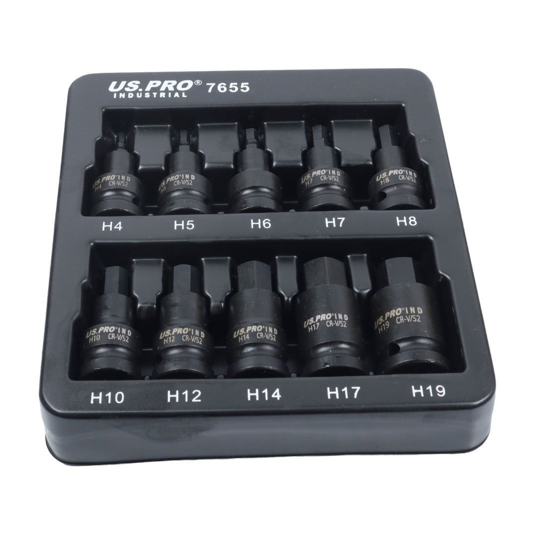 US Pro Industrial 10pc Impact Hex Bit Socket Set 1/2'' Drive 4mm to 19mm