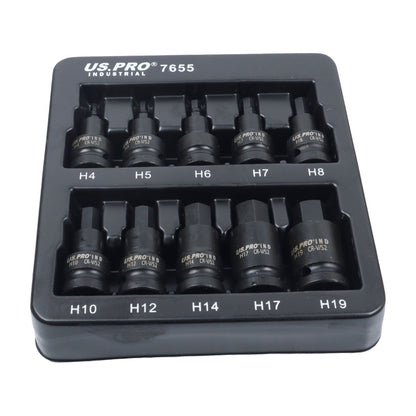 US Pro Industrial 10pc Impact Hex Bit Socket Set 1/2'' Drive 4mm to 19mm
