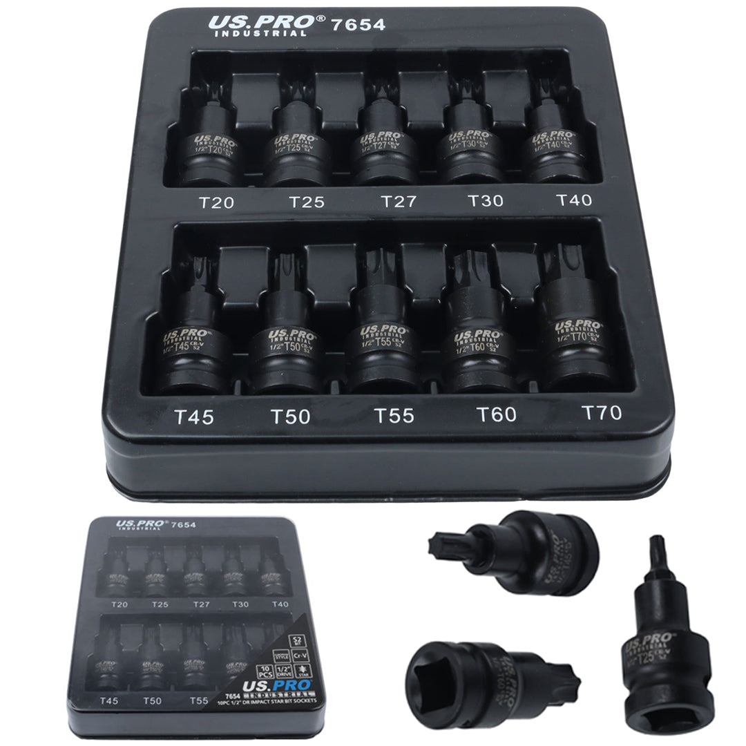 US Pro Industrial 10pc 1/2''Dr Impact Torx Bit Socket Set Star TRX  T20 to T70