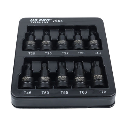 US Pro Industrial 10pc 1/2''Dr Impact Torx Bit Socket Set Star TRX  T20 to T70
