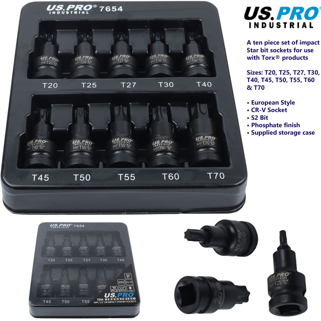 US Pro Industrial 10pc 1/2''Dr Impact Torx Bit Socket Set Star TRX  T20 to T70