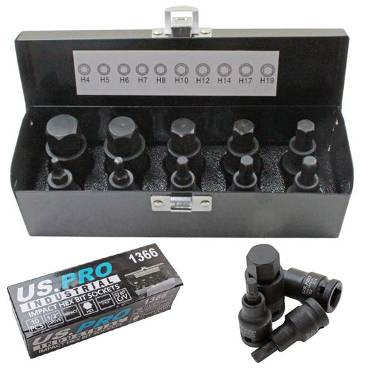 US PRO 10pc IMPACT HEX BIT SOCKET SET 1/2'' Drive 4mm to 19mm allen key B1366