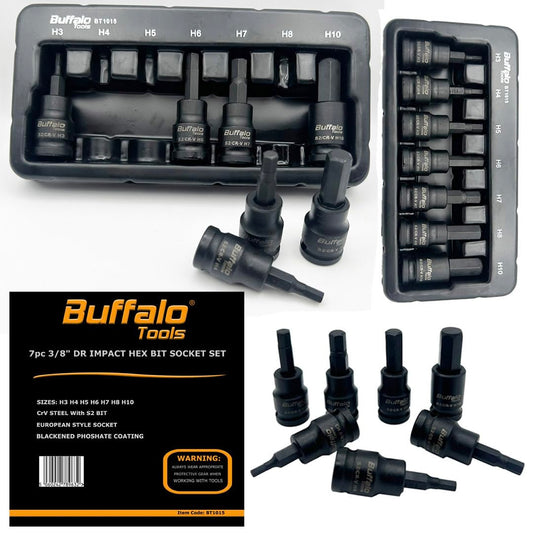 Buffalo Tools 7pcs 3/8 inch Hex Impact Socket Bit Set H3-H10 Allen Key, Durable Vanadium Steel, Rust Resistant Finish, 2mm-10mm Tool Set with Storage Tray