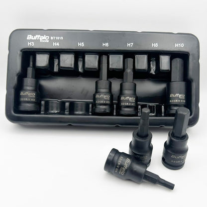 Buffalo Tools 7pcs 3/8 inch Hex Impact Socket Bit Set H3-H10 Allen Key, Durable Vanadium Steel, Rust Resistant Finish, 2mm-10mm Tool Set with Storage Tray