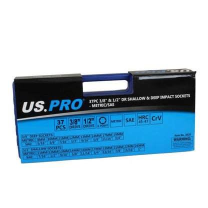 US Pro 37pc Impact Sockets Set Metric Imperial SAE AF 6 point 8-24mm 5/16-1 inch