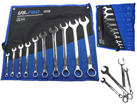 US Pro 10PC WHITWORTH COMBINATION SPANNER SET 1/8, 3/16, 1/4. 5/16, 3/8, 7/16, 1/2, 9/16, 5/8 and 11/16