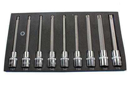 US Pro 1/2'' Dr 9 Piece 140mm Long Torx Star TRX Bit Sockets Set T27 - T70