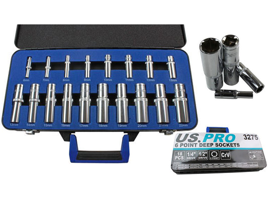 18pc 1/4'' & 1/2'' Dr Deep Socket Set 6 - 22mm 6 Point Metric US Pro in Case