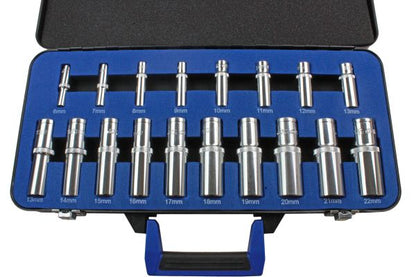 18pc 1/4'' & 1/2'' Dr Deep Socket Set 6 - 22mm 6 Point Metric US Pro in Case
