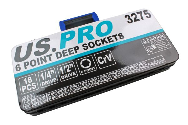 18pc 1/4'' & 1/2'' Dr Deep Socket Set 6 - 22mm 6 Point Metric US Pro in Case