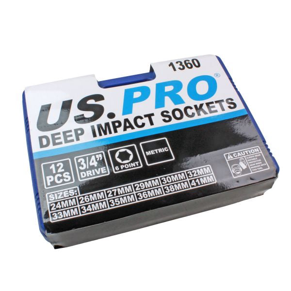 US Pro 12pc 3/4''dr DEEP IMPACT SOCKETS 24-41 MM B1360