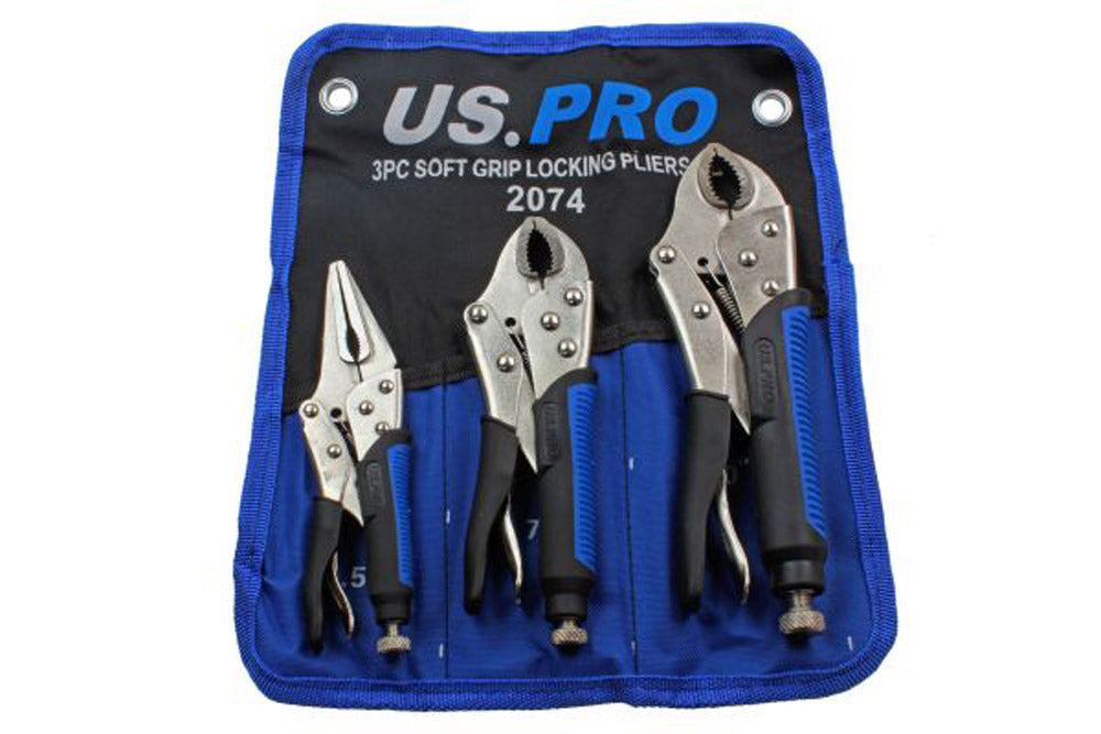 3pc Locking Pliers Set Long Nose, Curved Jaw Mole Vice Vise Grips US Pro