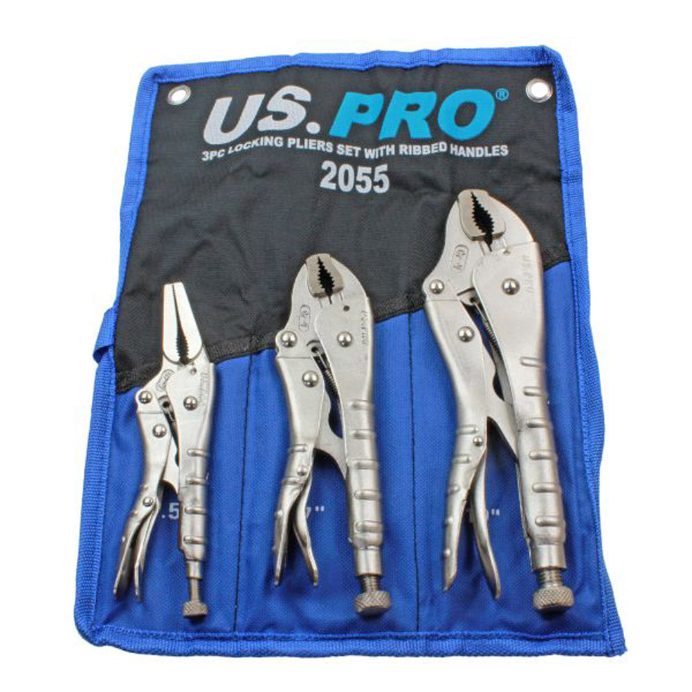 Us Pro 3pc Ribbed Locking Pliers 6-Inch Long Nose, 7-Inch Curved Jaw, 10-Inch Curved Jaw