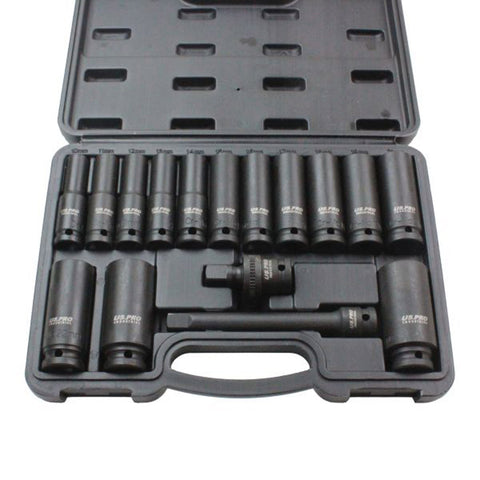 US PRO  Industrial 16pc 1/2'' Deep Impact Socket Set 10-27mm Extension Bar Universal Joint
