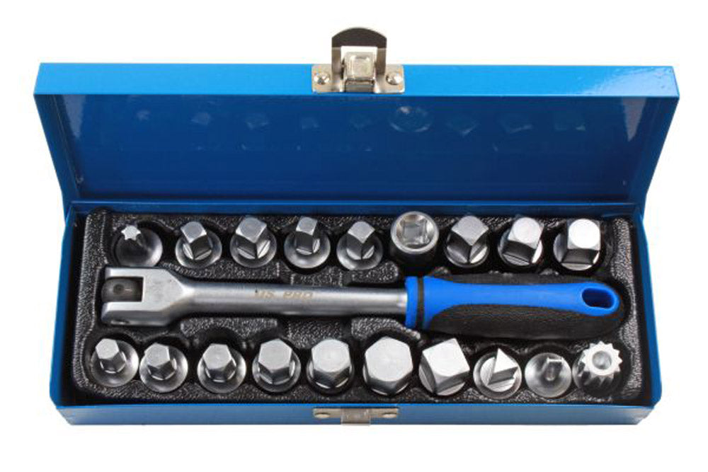 20pc 3/8 DR Drain Sump Plug Key Set, Keys Oil with Flexi Bar Square Hex Triangle