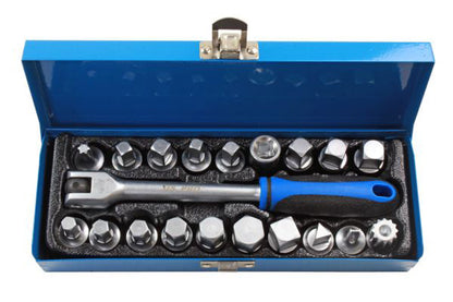 20pc 3/8 DR Drain Sump Plug Key Set, Keys Oil with Flexi Bar Square Hex Triangle
