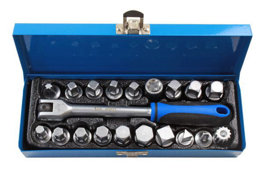 20pc 3/8 DR Drain Sump Plug Key Set, Keys Oil with Flexi Bar Square Hex Triangle