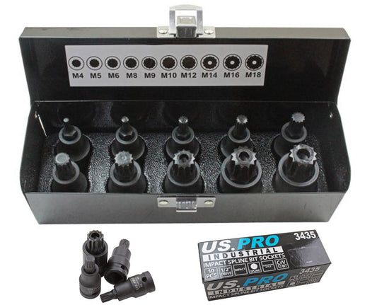 10pc 1/2'' Dr Impact Spline Bit Sockets Set M4 to M18 Us Pro Industrial Bits S2