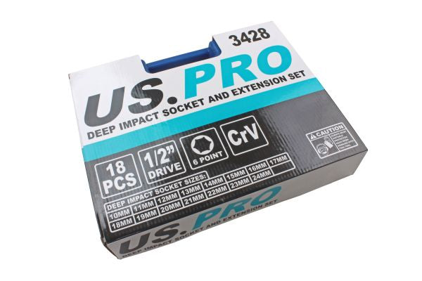 Deep Impact Socket Set with Extension Bars 1/2 Inch 18pc 10 24mm Sockets US Pro