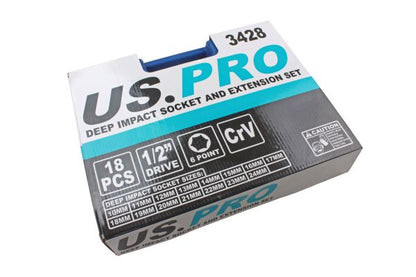 Deep Impact Socket Set with Extension Bars 1/2 Inch 18pc 10 24mm Sockets US Pro