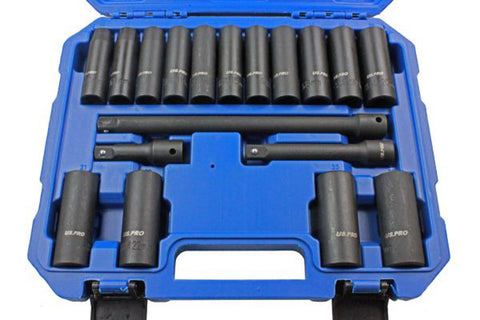 Deep Impact Socket Set with Extension Bars 1/2 Inch 18pc 10 24mm Sockets US Pro