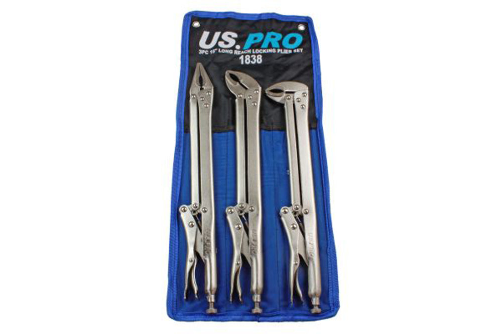 US PRO 3pc 15'' Flat & Curved Jaw Long Reach Locking Mole Grip Pliers