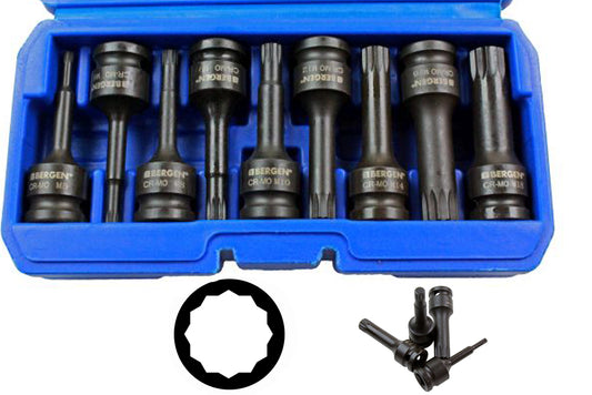 9pc 1/2''Dr Impact Spline Socket Bit Set Triple Square M5 to M18