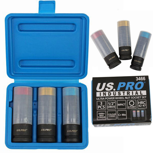1/2 Alloy Wheel Nut Deep Impact Socket Set 500Nm US PRO INDUSTRIAL 17 19 21mm