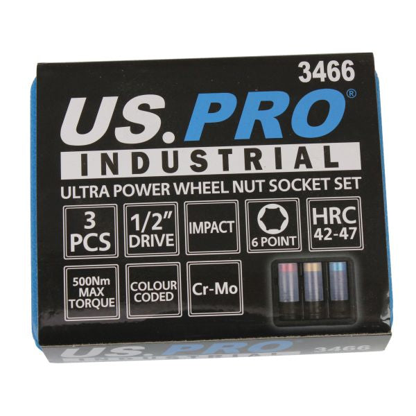 1/2 Alloy Wheel Nut Deep Impact Socket Set 500Nm US PRO INDUSTRIAL 17 19 21mm