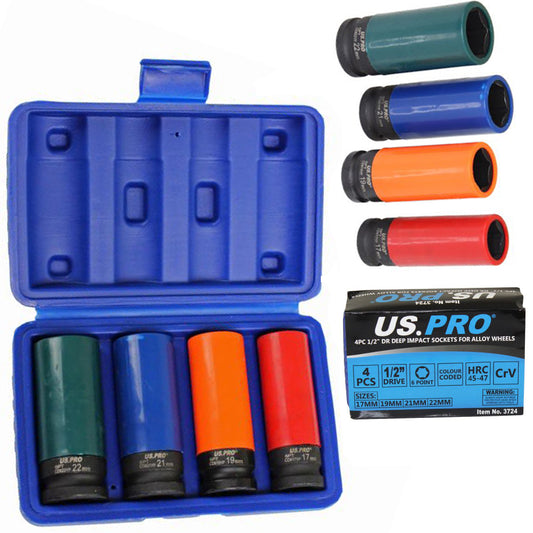 US PRO 4pc 1/2'' DR Alloy Wheel Impact Sockets 17, 19, 21, 22mm